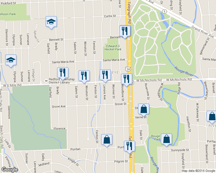 map of restaurants, bars, coffee shops, grocery stores, and more near 16940 Lenore Avenue in Detroit
