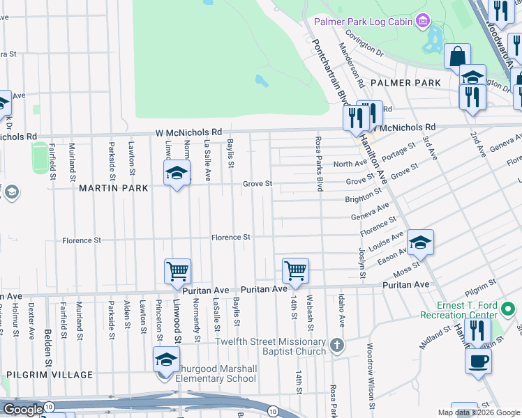 map of restaurants, bars, coffee shops, grocery stores, and more near 16586 Inverness Street in Detroit