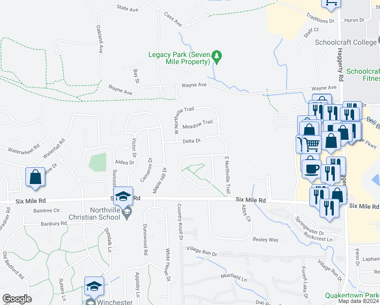 map of restaurants, bars, coffee shops, grocery stores, and more near 40526 Coachwood Circle in Northville