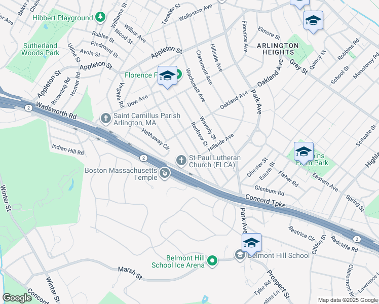 map of restaurants, bars, coffee shops, grocery stores, and more near 126 Rhinecliff Street in Arlington