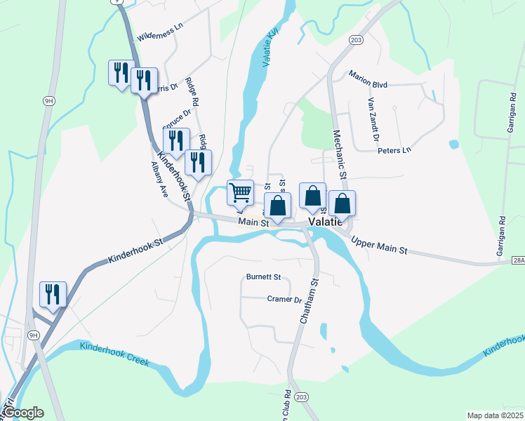 map of restaurants, bars, coffee shops, grocery stores, and more near 3203 Church Street in Valatie