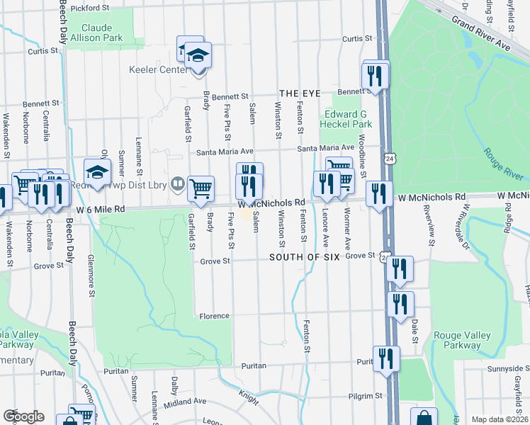 map of restaurants, bars, coffee shops, grocery stores, and more near 24651 West McNichols Road in Detroit