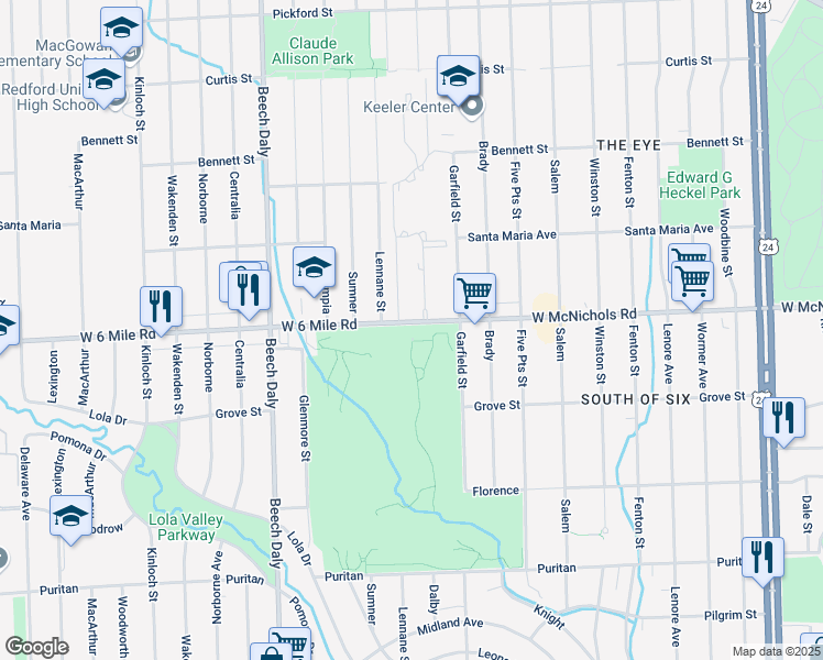 map of restaurants, bars, coffee shops, grocery stores, and more near 25345 West 6 Mile Road in Redford Charter Township