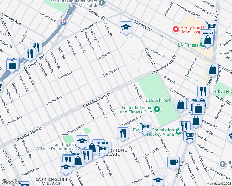 map of restaurants, bars, coffee shops, grocery stores, and more near 17800 Chandler Park Drive in Detroit