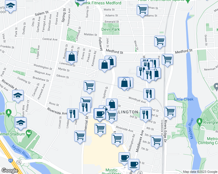 map of restaurants, bars, coffee shops, grocery stores, and more near 109 Sydney Street in Medford