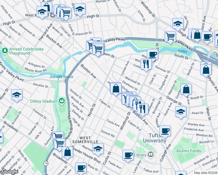map of restaurants, bars, coffee shops, grocery stores, and more near 258 Boston Avenue in Medford