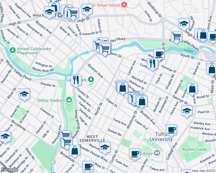 map of restaurants, bars, coffee shops, grocery stores, and more near 250 Boston Avenue in Medford