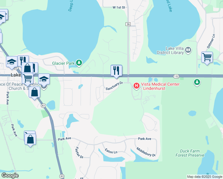 map of restaurants, bars, coffee shops, grocery stores, and more near 859 Sanctuary Drive in Lake Villa