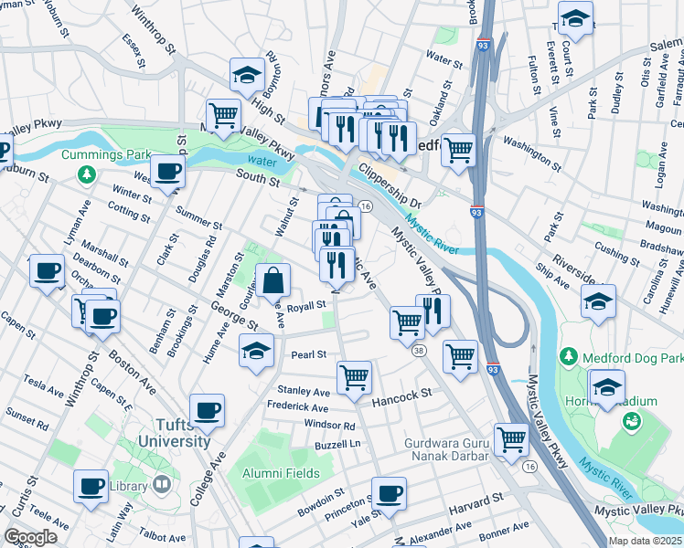 map of restaurants, bars, coffee shops, grocery stores, and more near 160 Main Street in Medford