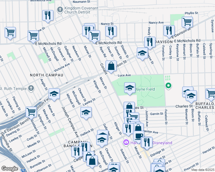 map of restaurants, bars, coffee shops, grocery stores, and more near 13166 Moran Street in Hamtramck