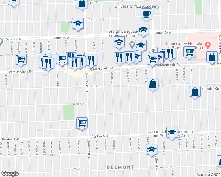 map of restaurants, bars, coffee shops, grocery stores, and more near 16695 Sussex Street in Detroit