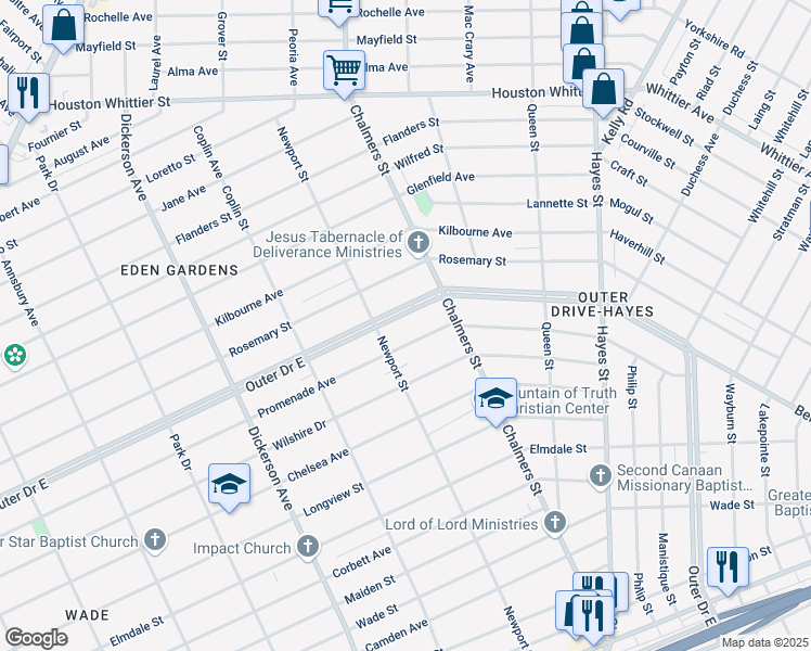 map of restaurants, bars, coffee shops, grocery stores, and more near 9376 Outer Drive East in Detroit