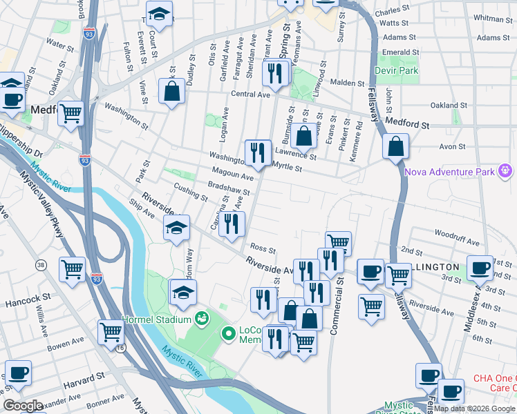 map of restaurants, bars, coffee shops, grocery stores, and more near 54 Spring Street in Medford