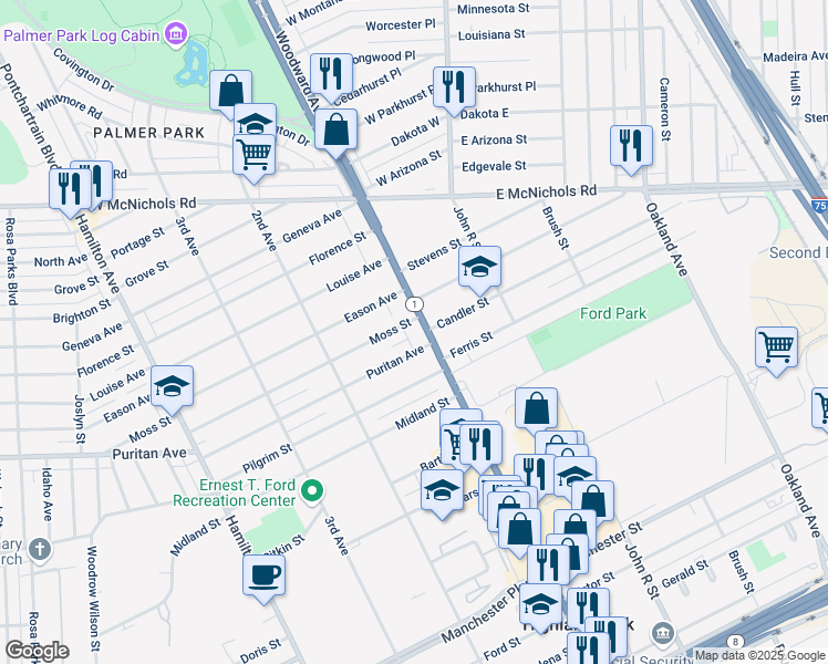map of restaurants, bars, coffee shops, grocery stores, and more near 16121 Woodward Avenue in Highland Park