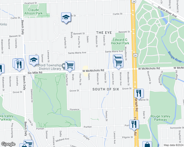 map of restaurants, bars, coffee shops, grocery stores, and more near 24651 West McNichols Road in Detroit
