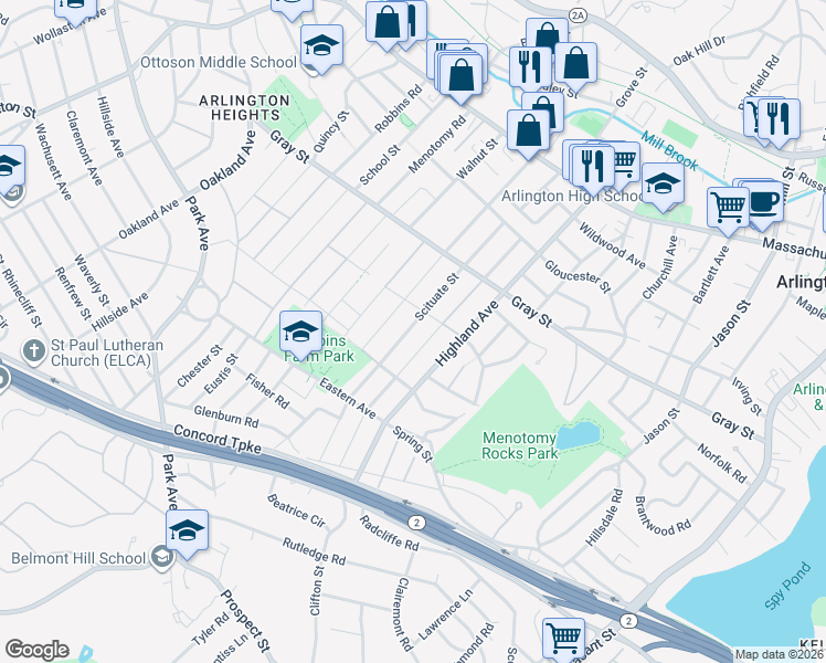 map of restaurants, bars, coffee shops, grocery stores, and more near 116 Scituate Street in Arlington
