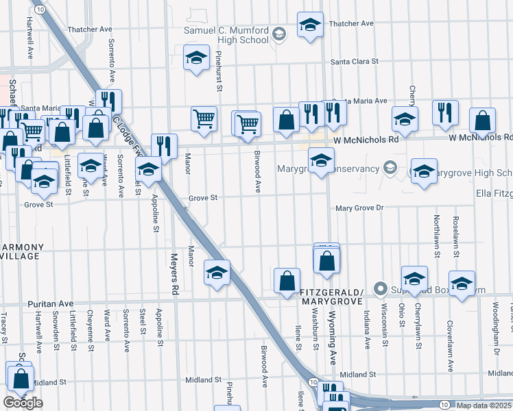map of restaurants, bars, coffee shops, grocery stores, and more near 16633 Birwood Street in Detroit