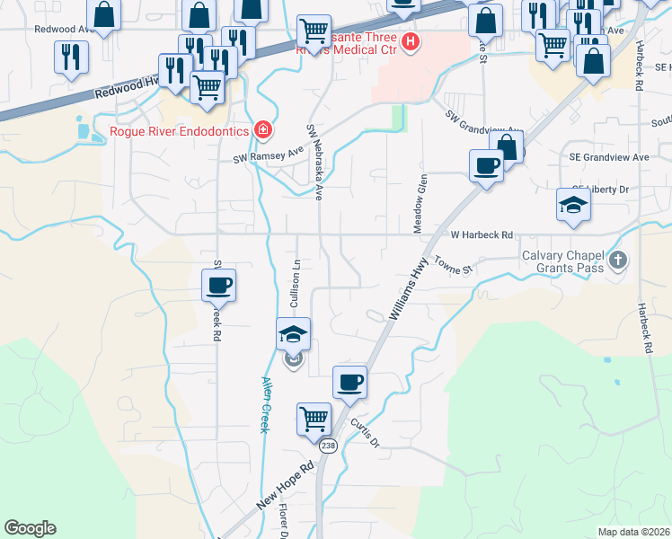 map of restaurants, bars, coffee shops, grocery stores, and more near 2063 Southwest Nebraska Avenue in Grants Pass