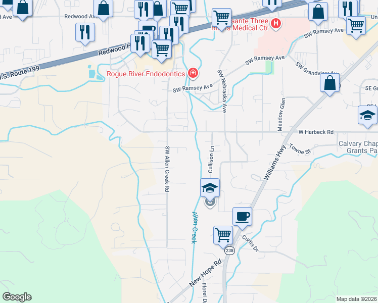 map of restaurants, bars, coffee shops, grocery stores, and more near 2095 Southwest Allen Creek Road in Grants Pass