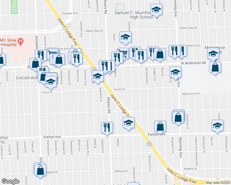 map of restaurants, bars, coffee shops, grocery stores, and more near 16666 James Couzens Freeway in Detroit