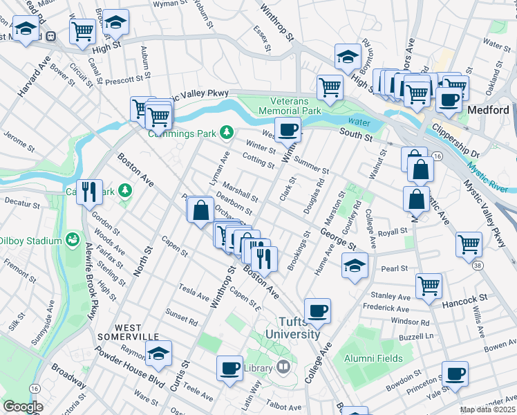 map of restaurants, bars, coffee shops, grocery stores, and more near 114 Winthrop Street in Medford