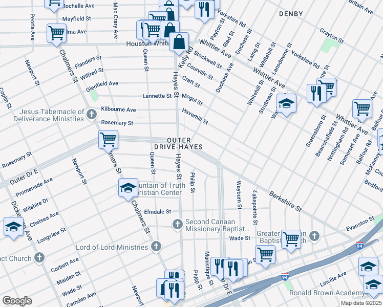 map of restaurants, bars, coffee shops, grocery stores, and more near 9900 Outer Dr E in Detroit