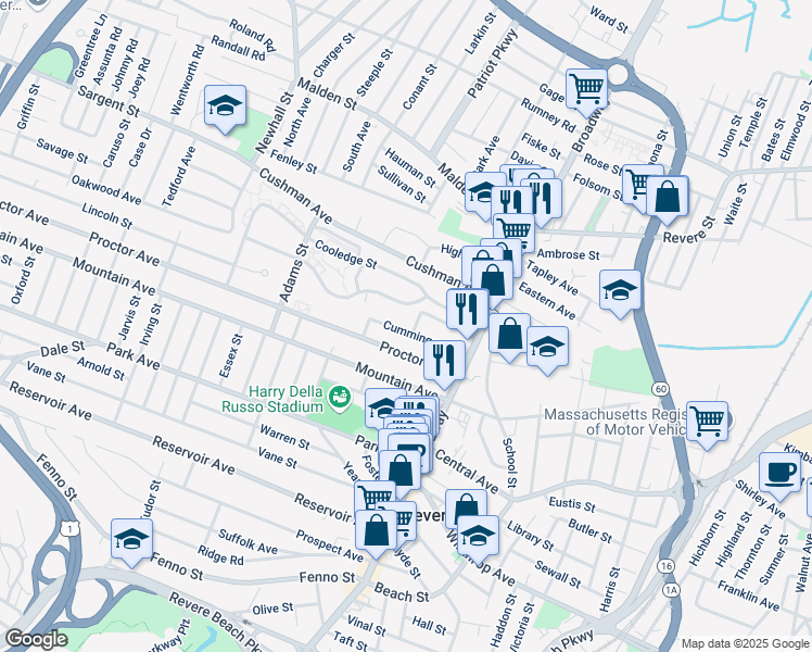 map of restaurants, bars, coffee shops, grocery stores, and more near 71 Cummings Avenue in Revere
