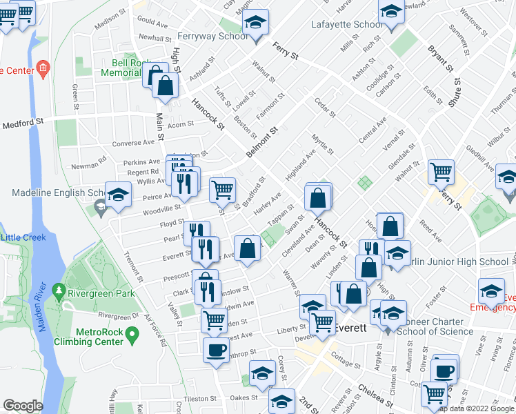 map of restaurants, bars, coffee shops, grocery stores, and more near 22 Harley Avenue in Everett