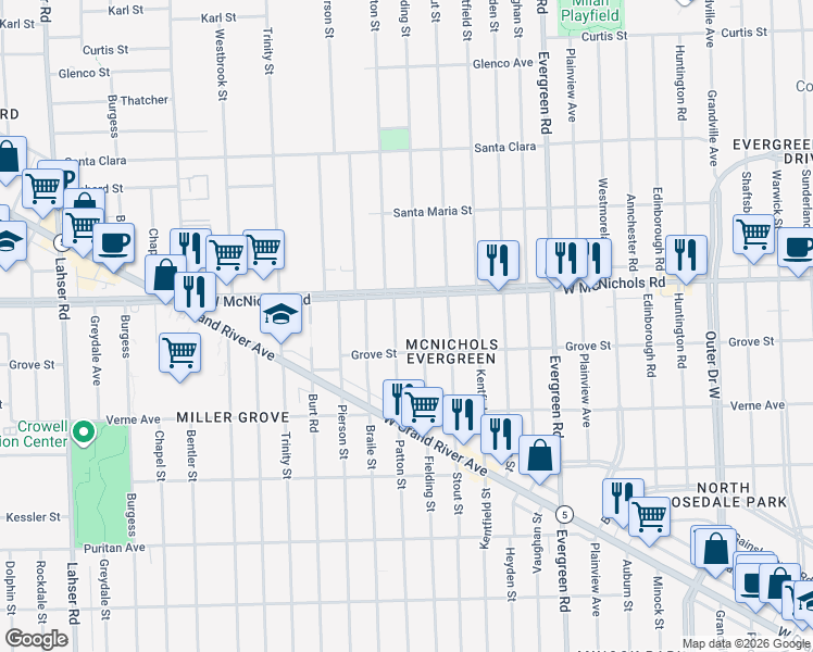 map of restaurants, bars, coffee shops, grocery stores, and more near 16850 Patton St in Detroit