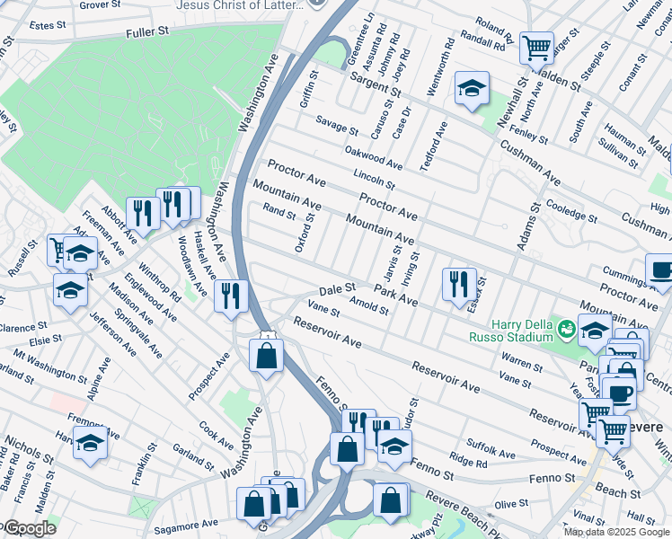 map of restaurants, bars, coffee shops, grocery stores, and more near 537 Park Avenue in Revere