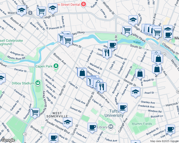 map of restaurants, bars, coffee shops, grocery stores, and more near 43 Orchard Street in Medford