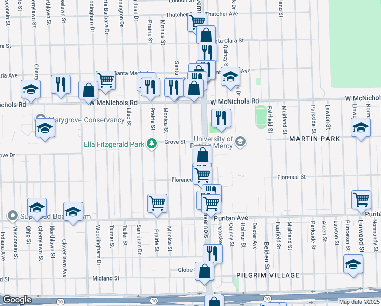 map of restaurants, bars, coffee shops, grocery stores, and more near 16615 Stoepel St in Detroit