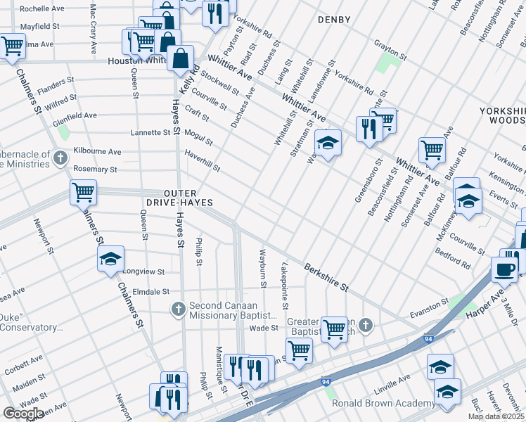 map of restaurants, bars, coffee shops, grocery stores, and more near 10525 Haverhill Street in Detroit