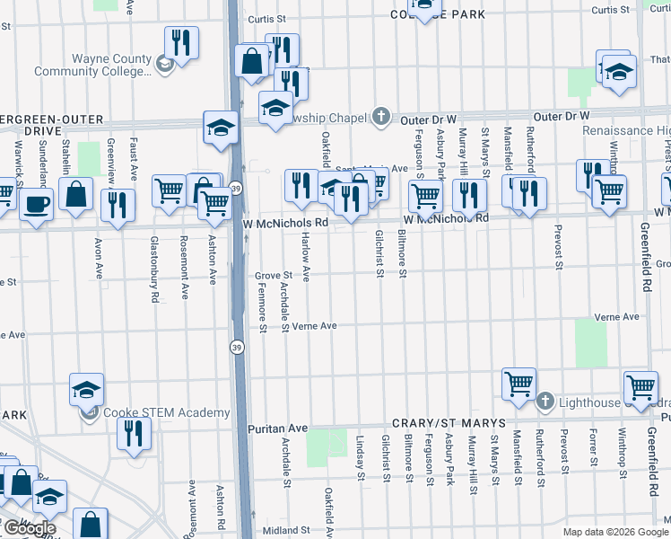 map of restaurants, bars, coffee shops, grocery stores, and more near 16800 Oakfield Avenue in Detroit