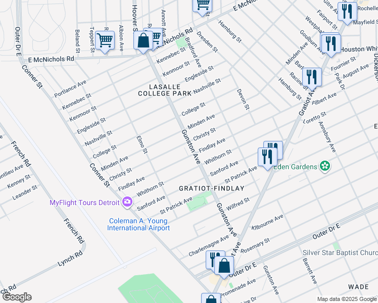 map of restaurants, bars, coffee shops, grocery stores, and more near 11911 Gunston Street in Detroit