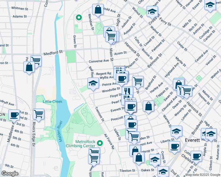 map of restaurants, bars, coffee shops, grocery stores, and more near 37 Woodville Street in Everett