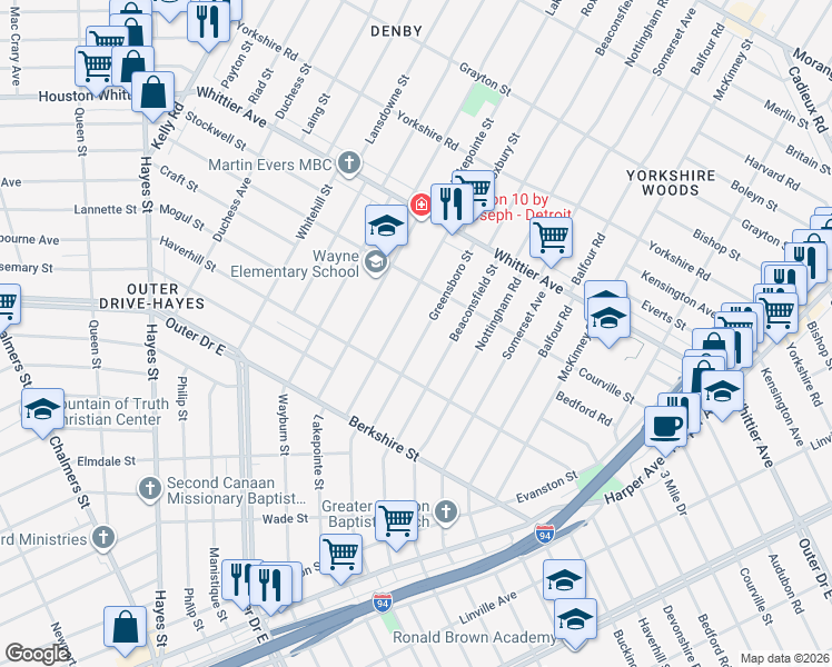 map of restaurants, bars, coffee shops, grocery stores, and more near 10283 Greensboro Street in Detroit