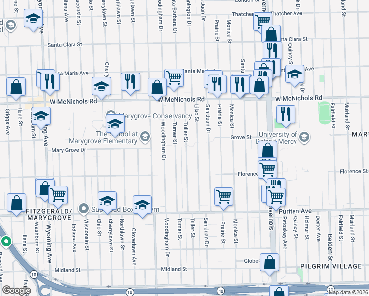 map of restaurants, bars, coffee shops, grocery stores, and more near 16623 Tuller Street in Detroit