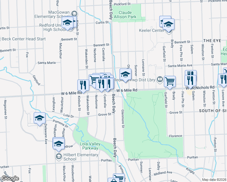 map of restaurants, bars, coffee shops, grocery stores, and more near W 6 Mile Rd & Beech Daly Rd in Redford Charter Township
