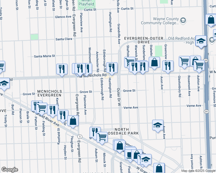 map of restaurants, bars, coffee shops, grocery stores, and more near 16835 Huntington Road in Detroit