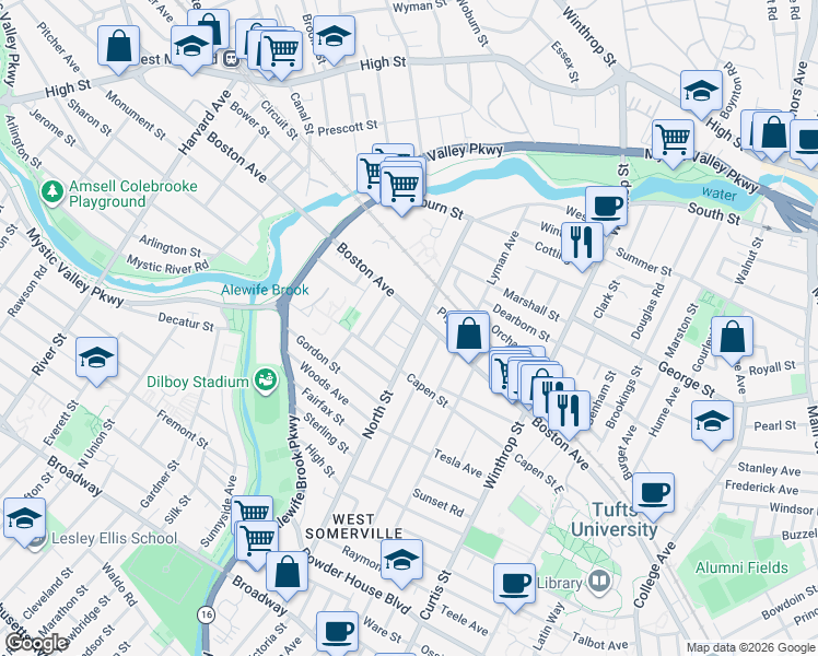 map of restaurants, bars, coffee shops, grocery stores, and more near 24 Pinkham Road in Medford