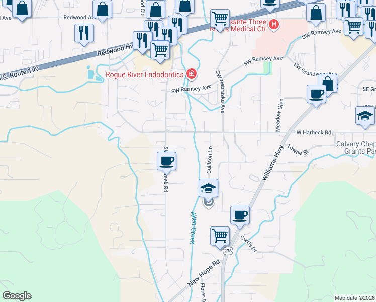 map of restaurants, bars, coffee shops, grocery stores, and more near 2095 Southwest Allen Creek Road in Grants Pass