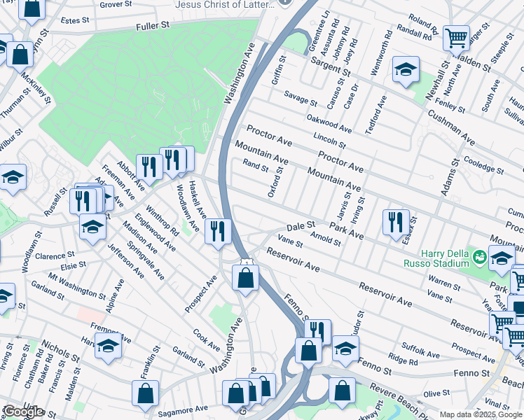 map of restaurants, bars, coffee shops, grocery stores, and more near 161 Arnold Street in Revere