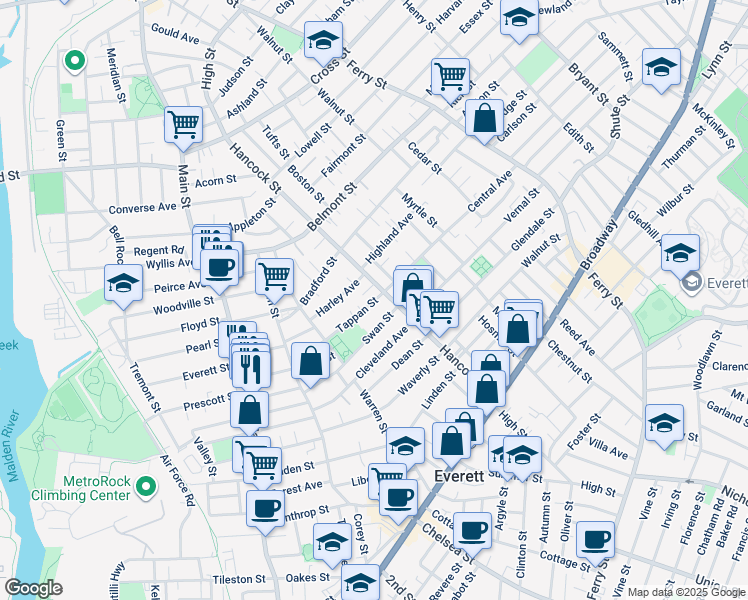 map of restaurants, bars, coffee shops, grocery stores, and more near 47A Harley Avenue in Everett