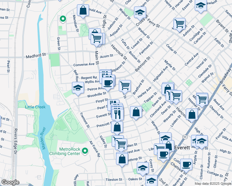 map of restaurants, bars, coffee shops, grocery stores, and more near 23 Avon Street in Everett