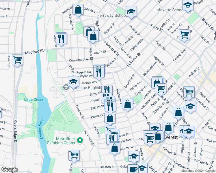 map of restaurants, bars, coffee shops, grocery stores, and more near 23 Avon Street in Everett