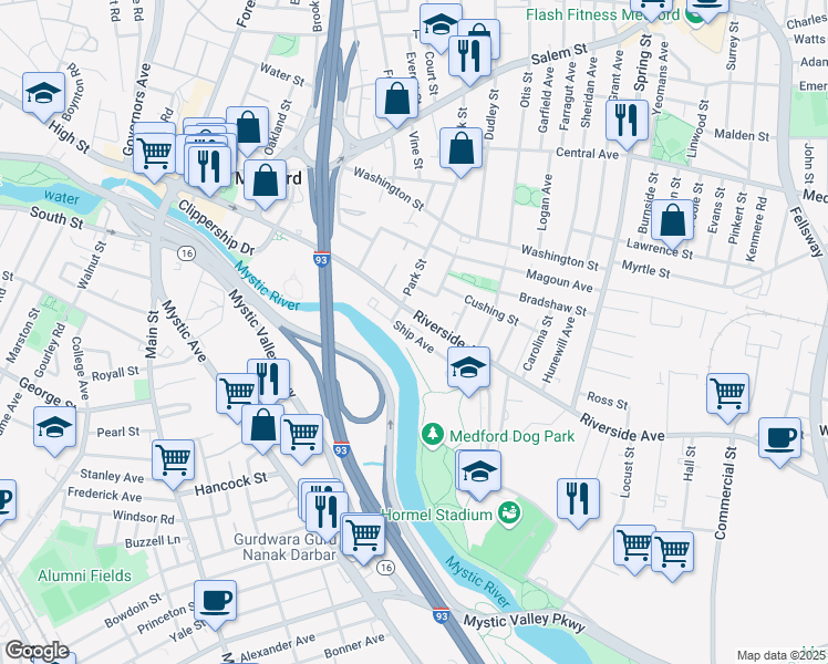 map of restaurants, bars, coffee shops, grocery stores, and more near 221 Riverside Avenue in Medford