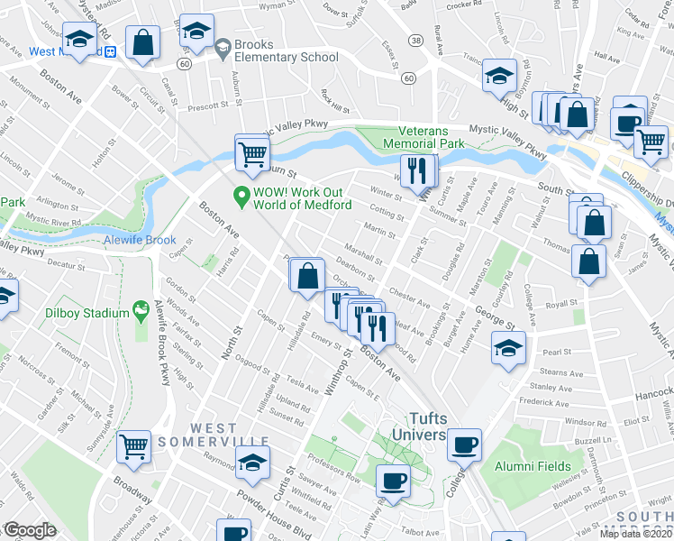 map of restaurants, bars, coffee shops, grocery stores, and more near 43 Orchard Street in Medford