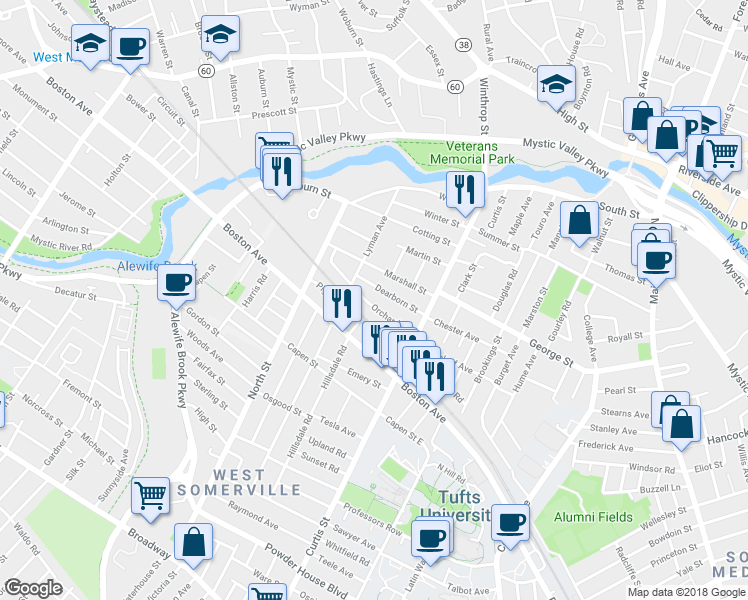map of restaurants, bars, coffee shops, grocery stores, and more near 43 Orchard Street in Medford