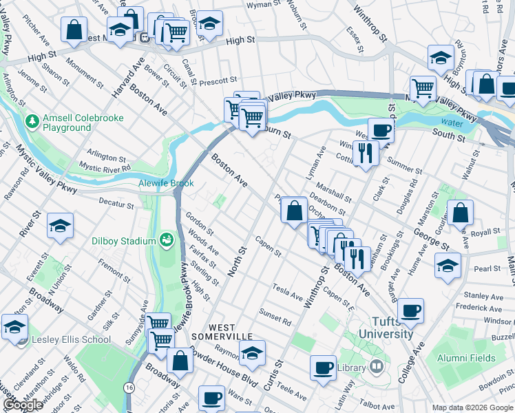 map of restaurants, bars, coffee shops, grocery stores, and more near 24 Pinkham Road in Medford